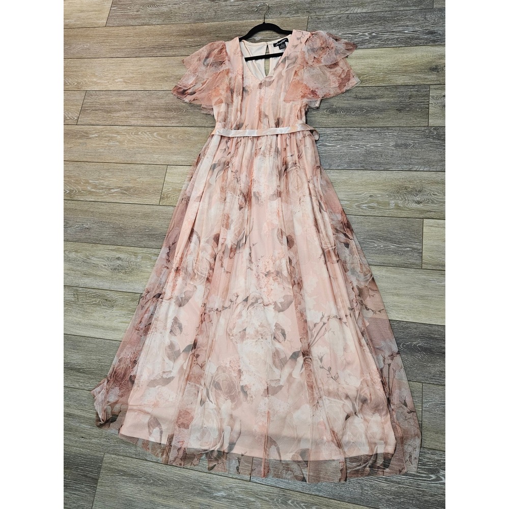 Candalate Pink Floral Mesh Maxi Dress V-Neck Flutter Sleeve D88293 Size M
